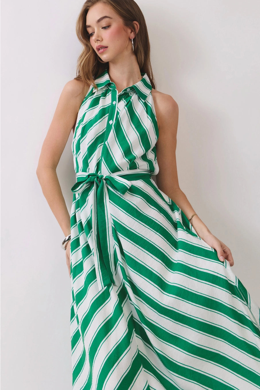 Striped Sleeveless Midi Shirt Dress