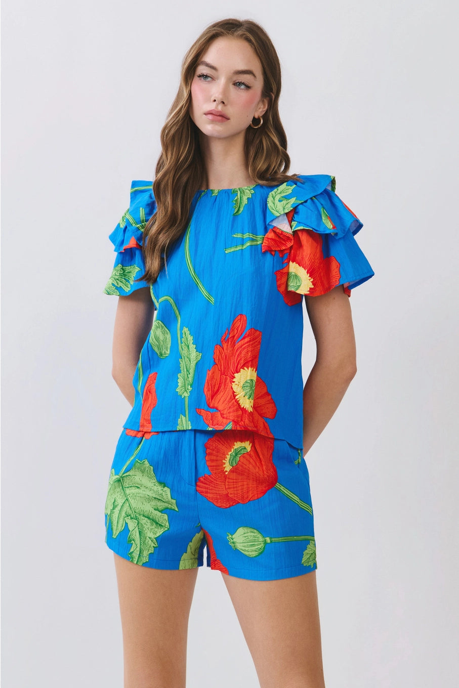 Bold Floral Ruffle Sleeve Blouse