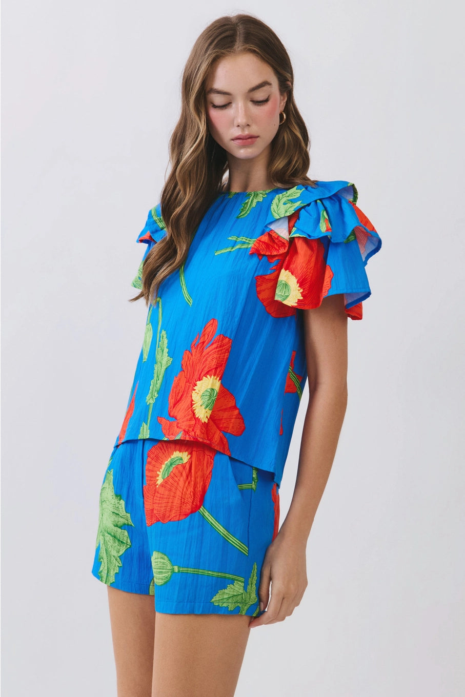 Bold Floral Ruffle Sleeve Blouse