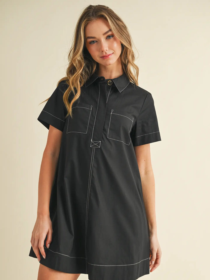 Contrast Stitching Shirt Dress