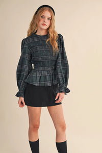 Smocked Plaid Peplum Top