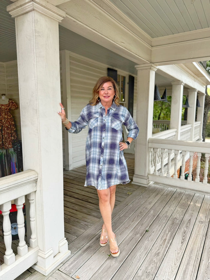 Washed Plaid Shirt Dress
