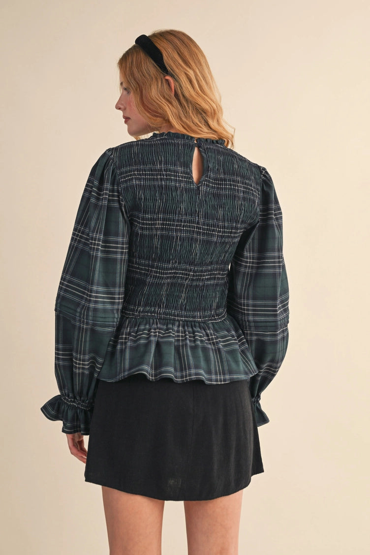 Smocked Plaid Peplum Top