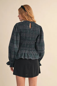 Smocked Plaid Peplum Top