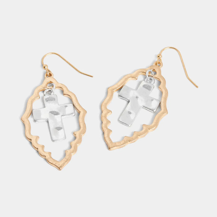 Mixed Metal Framed Cross Earrings