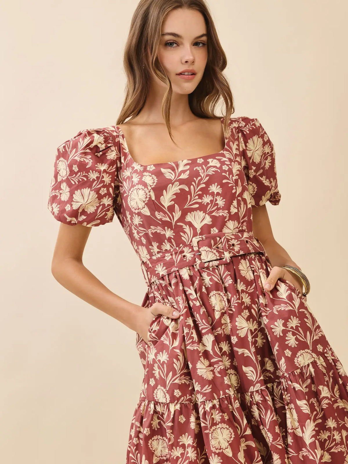 belted floral midi dress Final Sale Plus Size Floral Printed Collared Short Sleeve Belted Midi Dress in Coral & Ivory