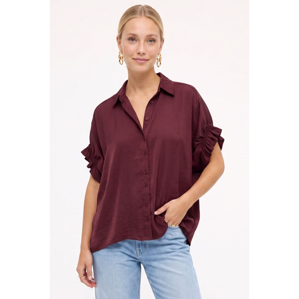 Ruffle Sleeve Button-Up Blouse