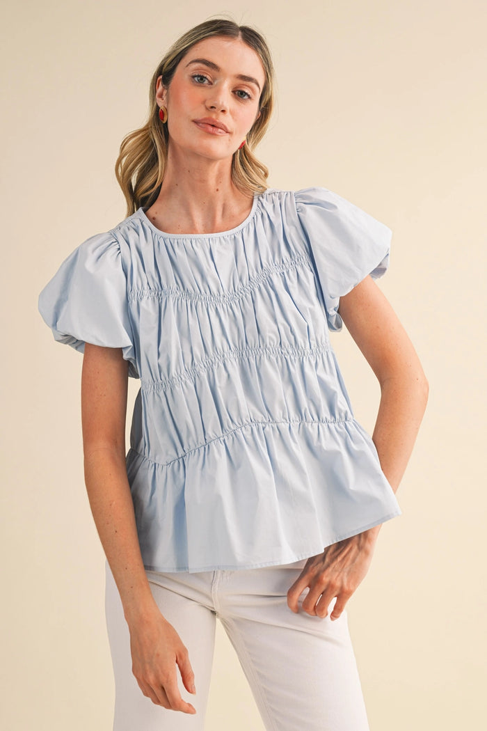 Tiered Shirring Bubble Sleeve Top