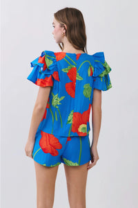 Bold Floral Ruffle Sleeve Blouse