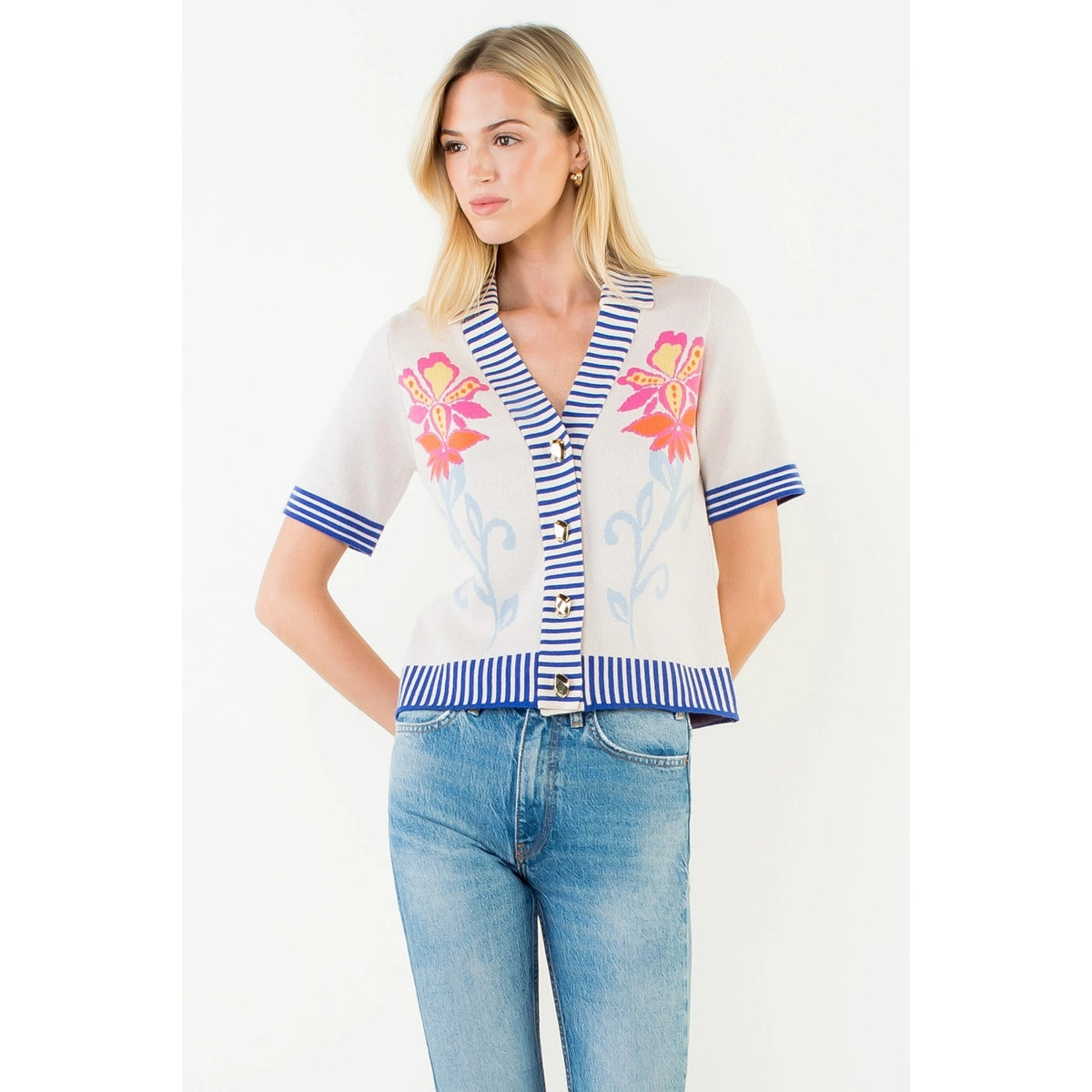 Floral Striped Trim Top