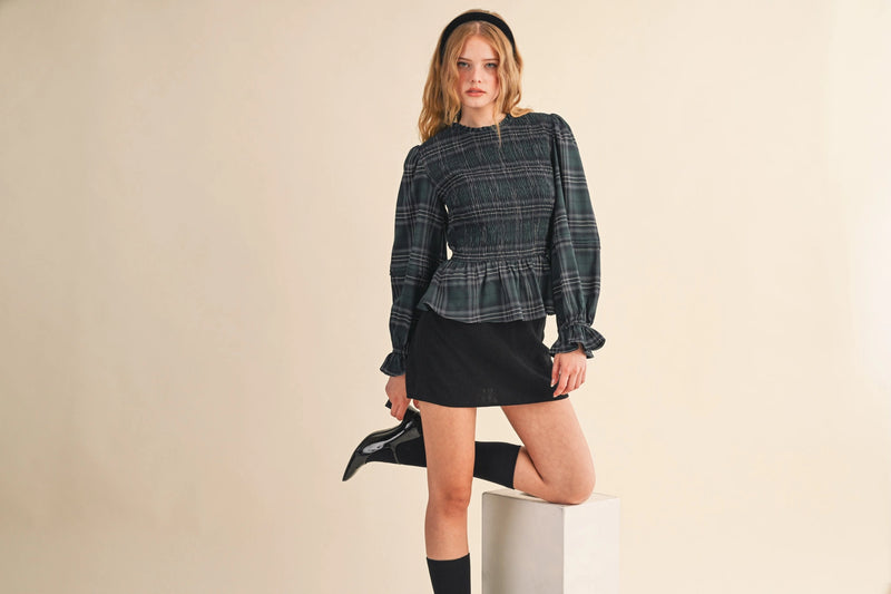 Smocked Plaid Peplum Top