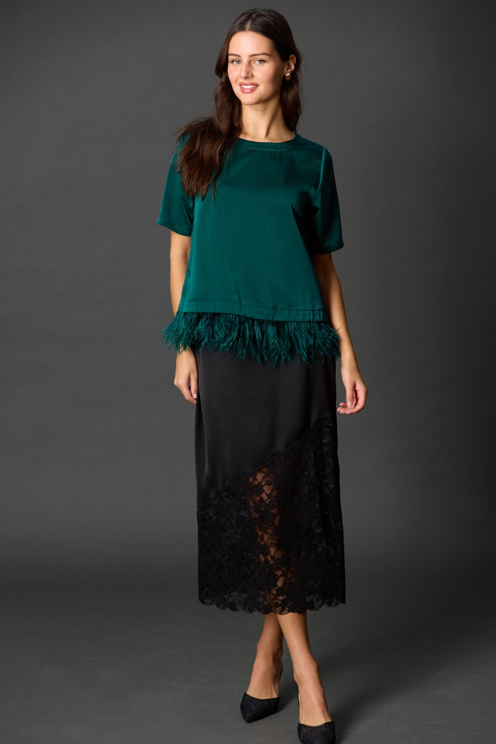 Feather Trim Satin Top