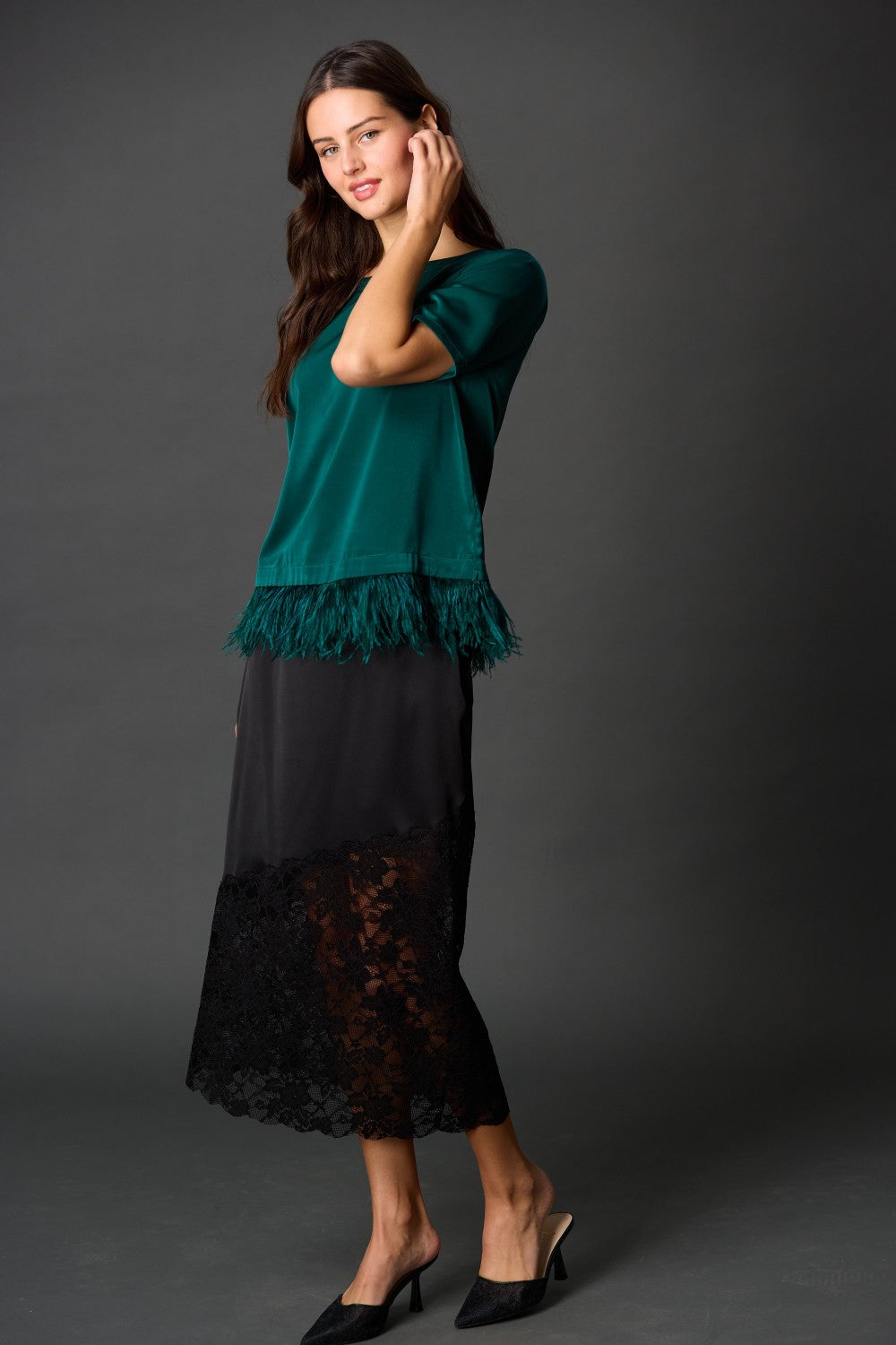 Feather Trim Satin Top