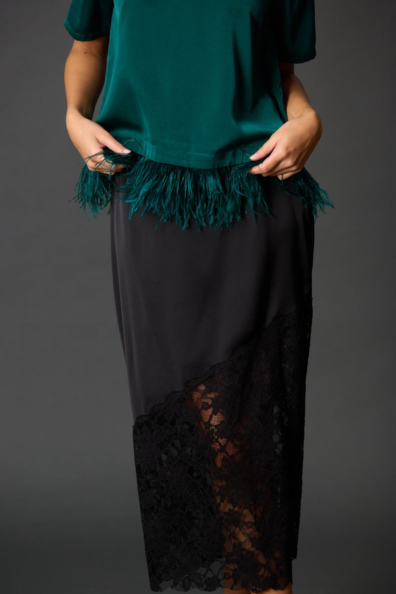 Feather Trim Satin Top