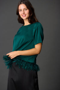 Feather Trim Satin Top