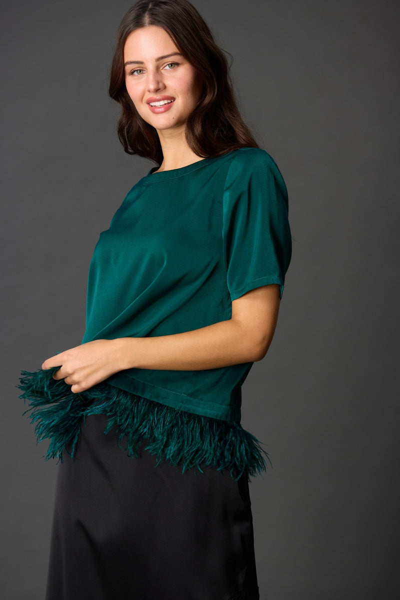 Feather Trim Satin Top