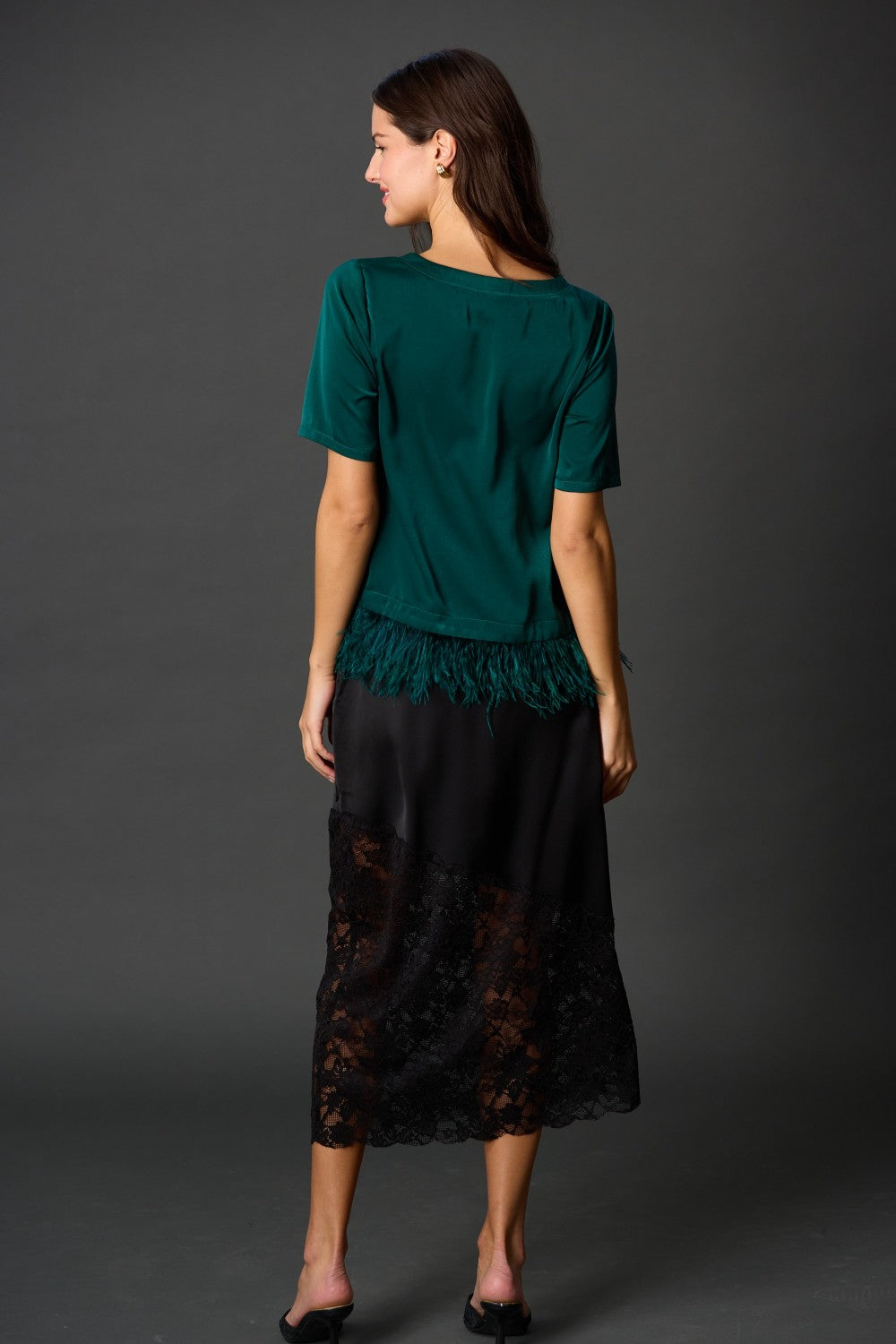 Feather Trim Satin Top