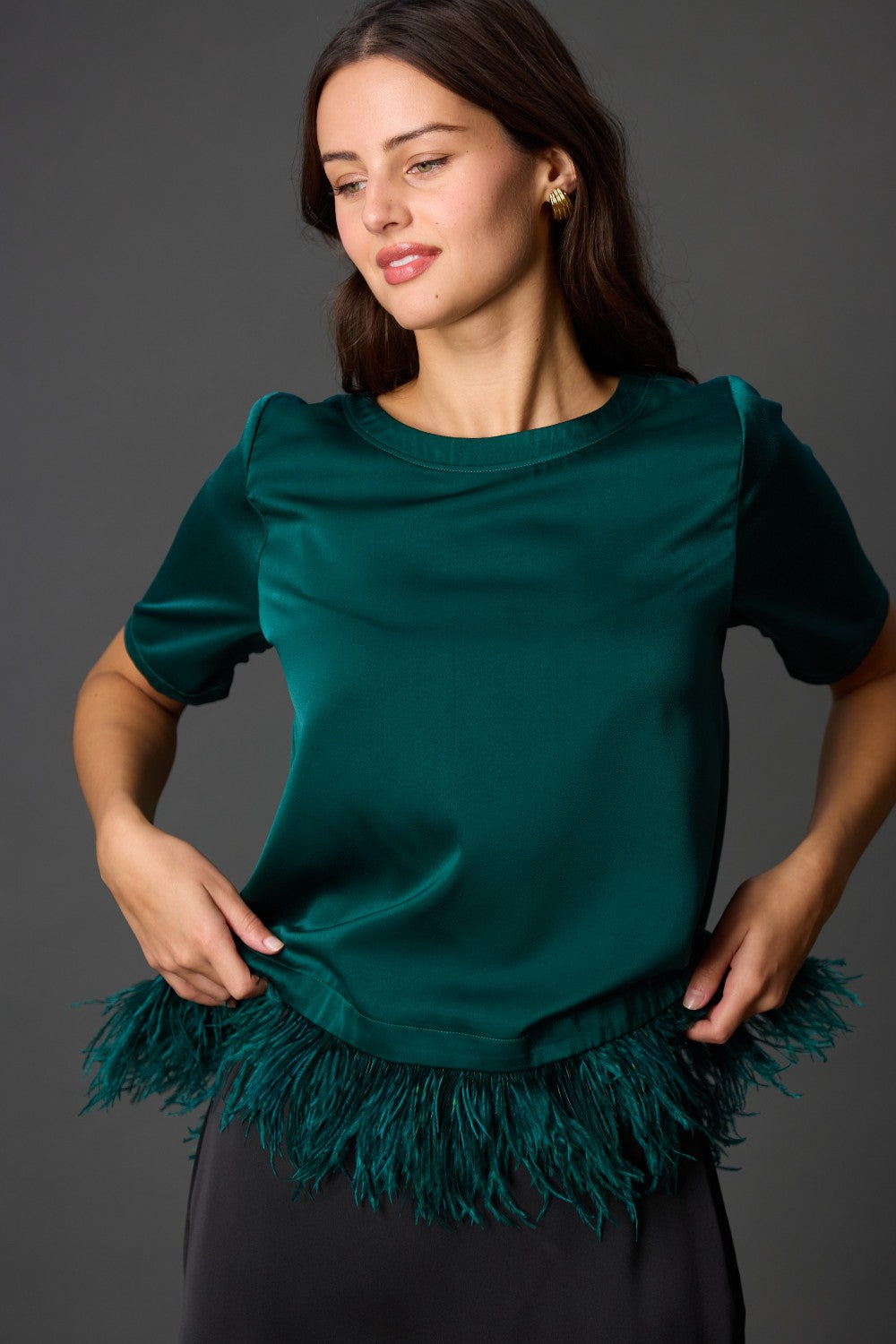 Feather Trim Satin Top