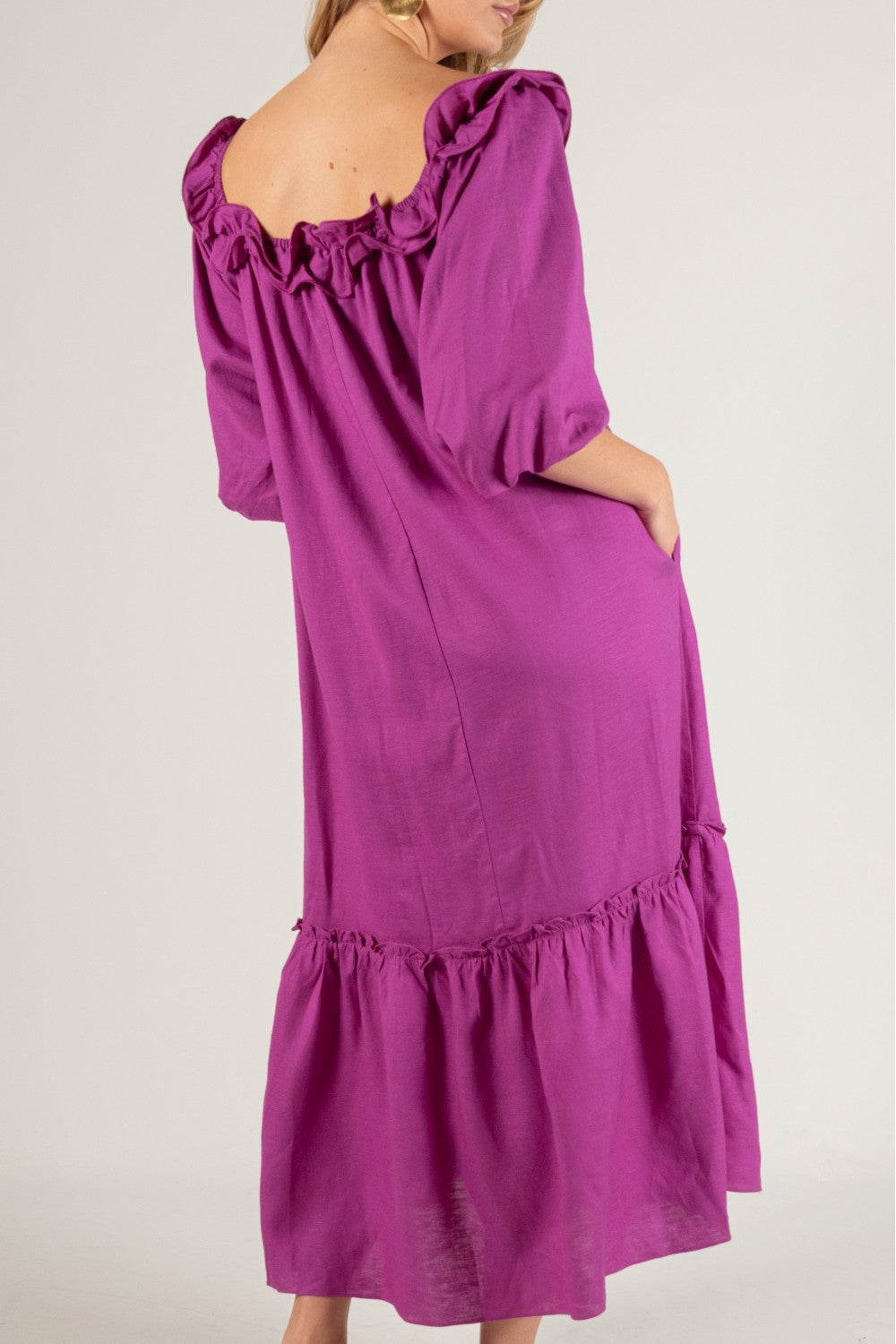 Linen Ruffled Neckline Dress
