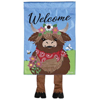 Crazy leg Welcome Highland Cow Flag