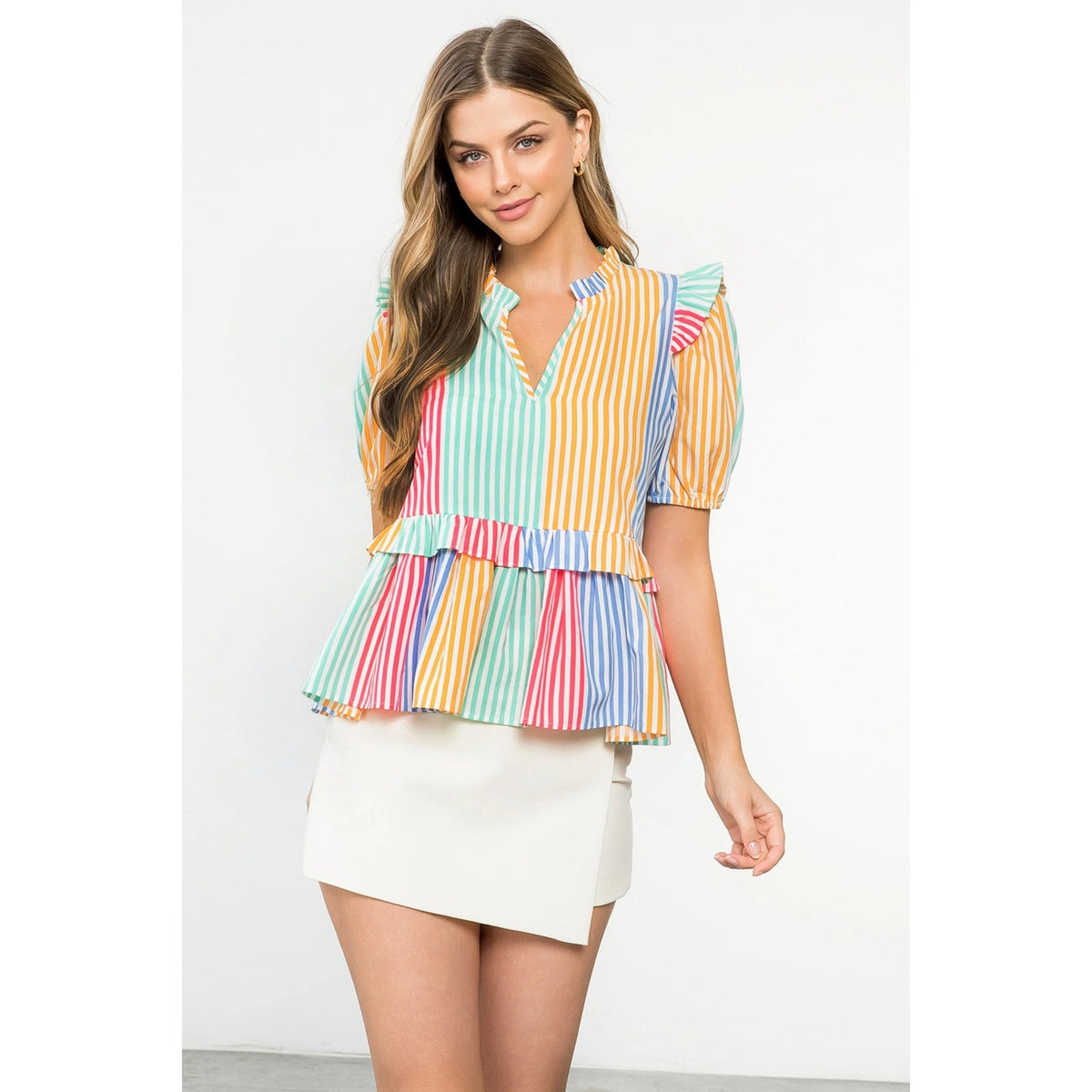 Multicolor Stripe Bubble Sleeve Top