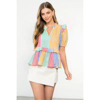 Multicolor Stripe Bubble Sleeve Top