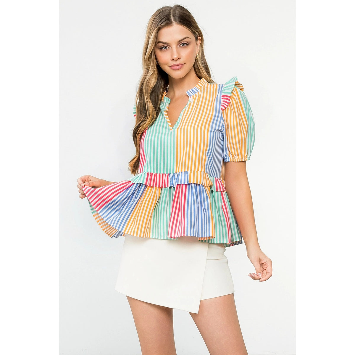 Multicolor Stripe Bubble Sleeve Top