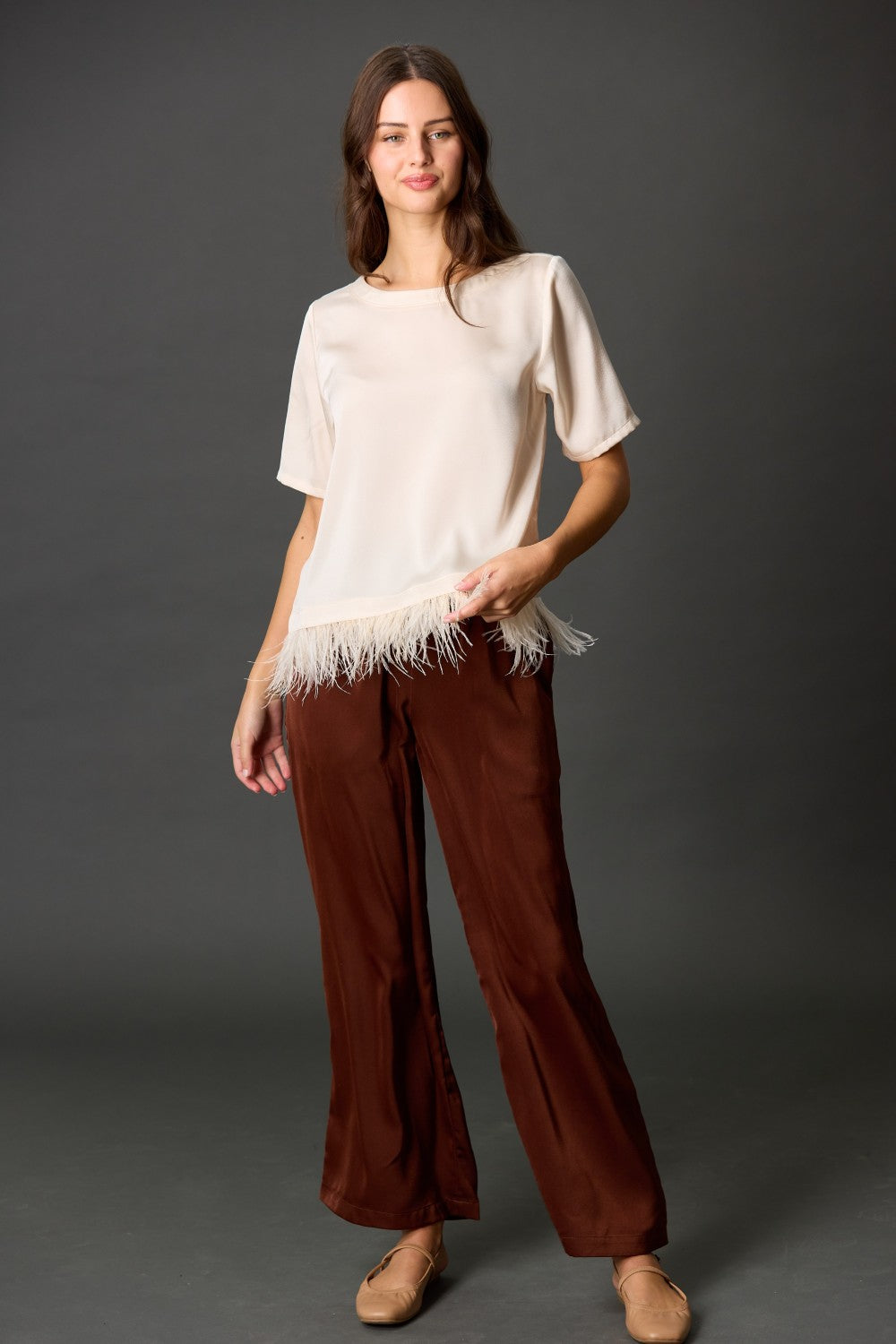 Feather Trim Satin Top