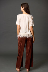 Feather Trim Satin Top