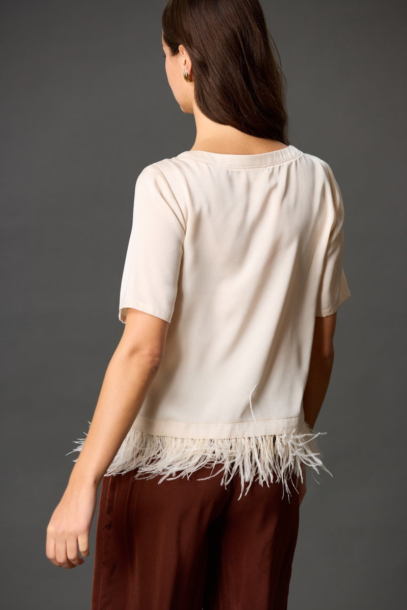 Feather Trim Satin Top