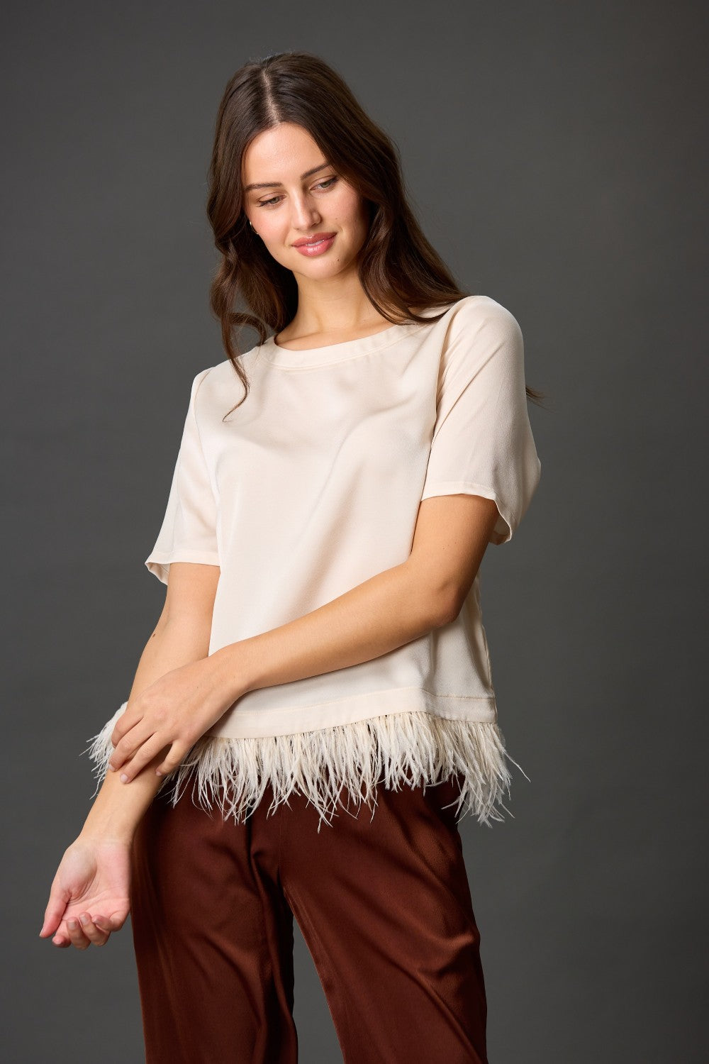 Feather Trim Satin Top