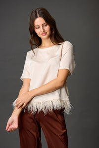Feather Trim Satin Top