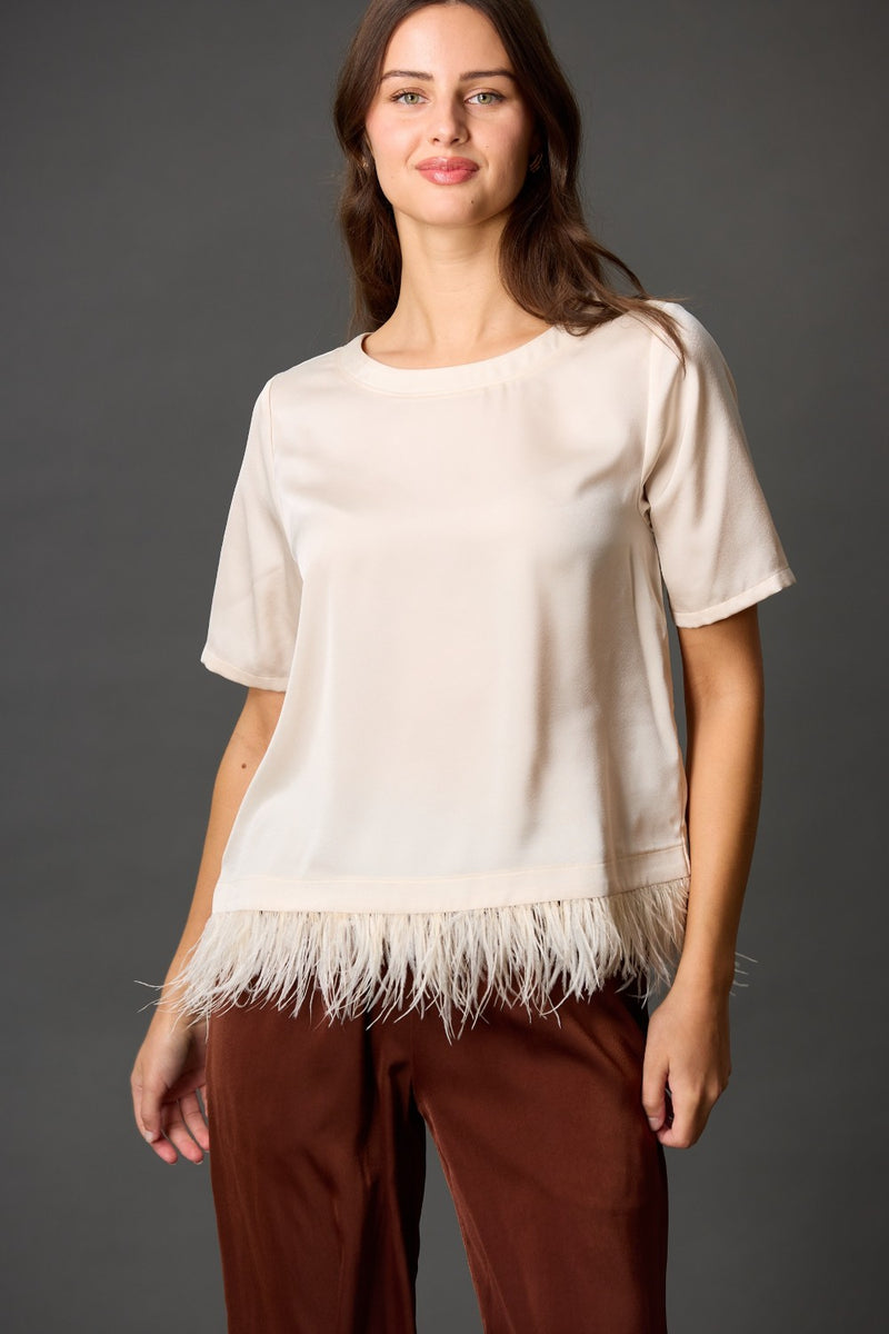Feather Trim Satin Top