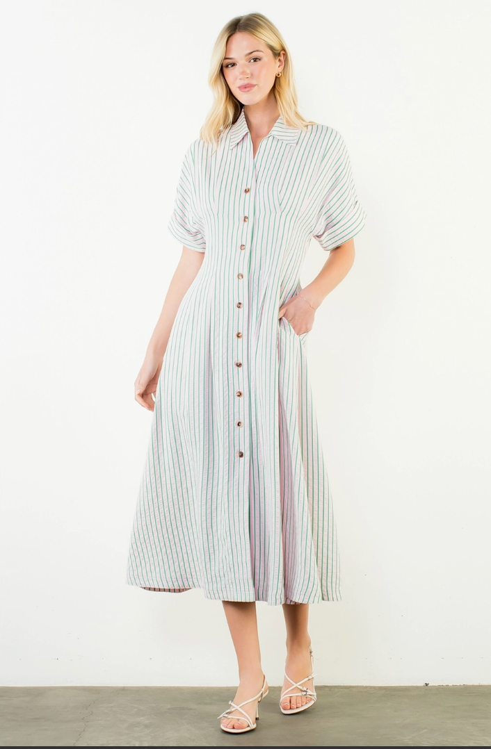 Short Sleeve Striped Button Down Dress