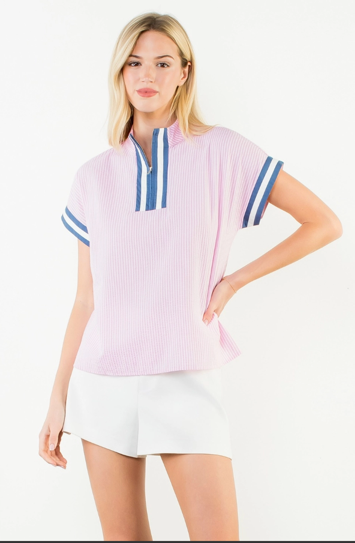 Short Sleeve Striped Half Zipper Top