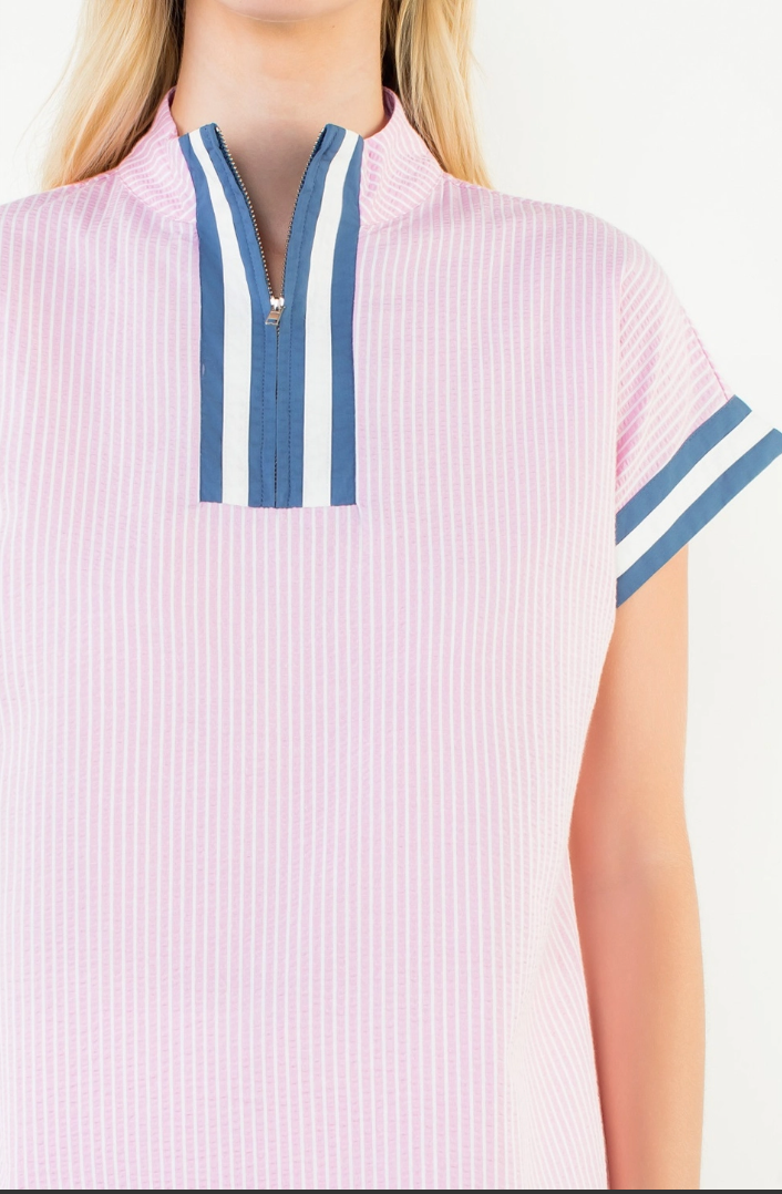 Short Sleeve Striped Half Zipper Top