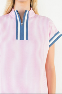 Short Sleeve Striped Half Zipper Top