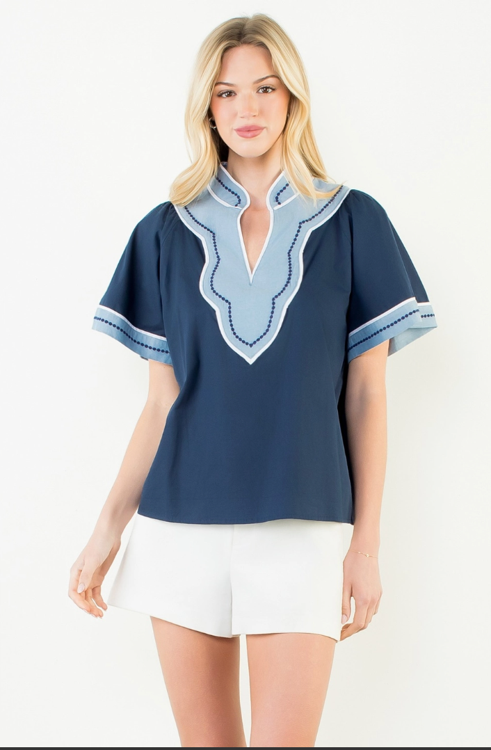Wide Sleeve Contrast Trim Top