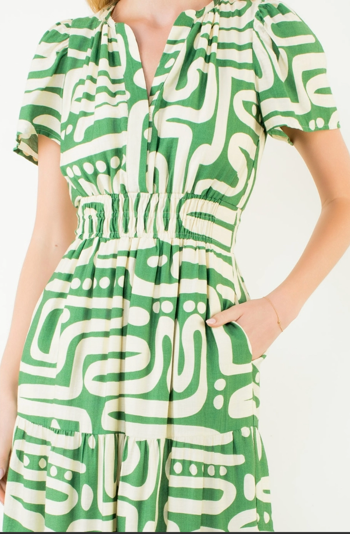 Short Sleeve Patterned Tiered Midi Dress