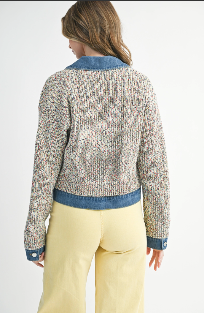 Button Up Jacket with Denim Trim