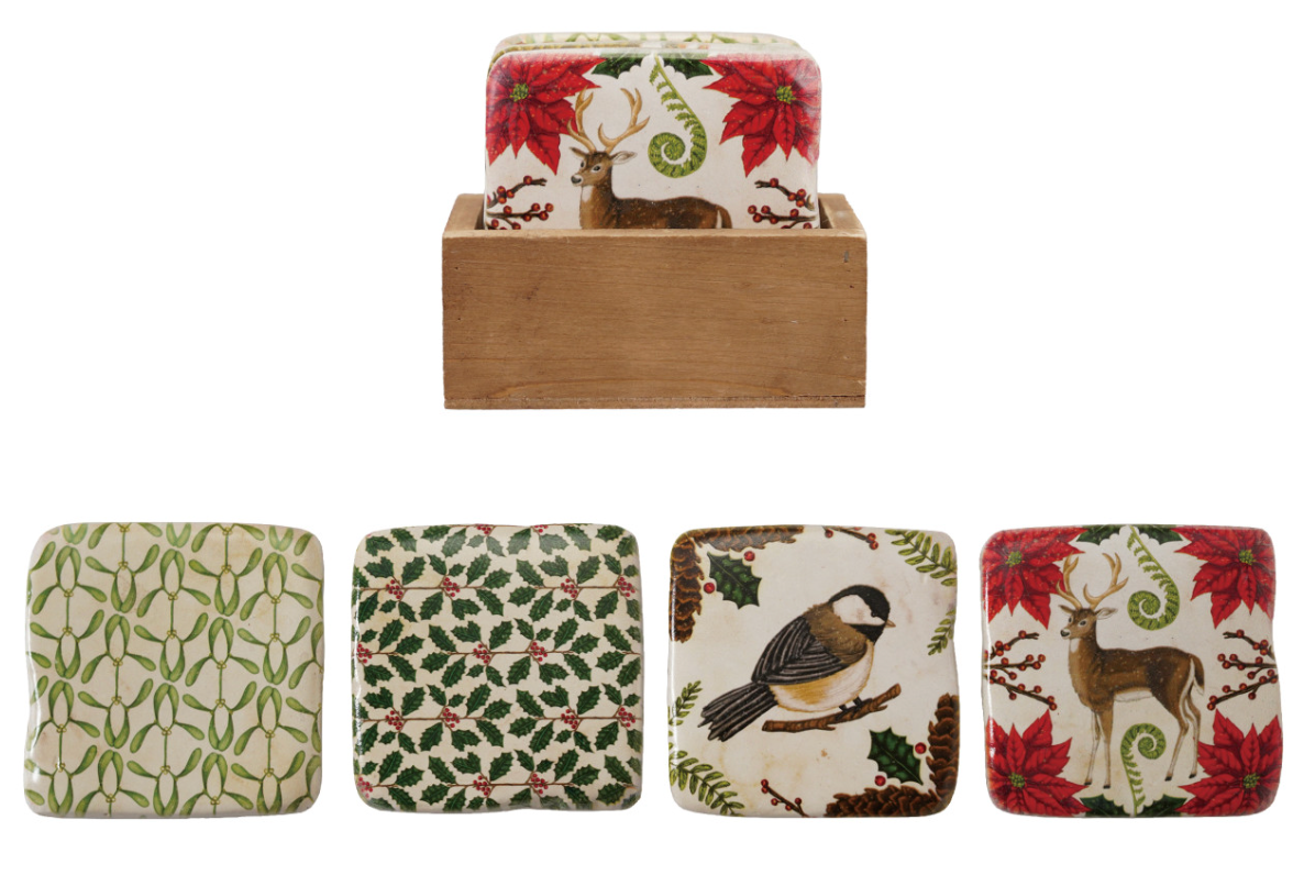 Wood Boxed Coasters with Seasonal Botanicals/Animals