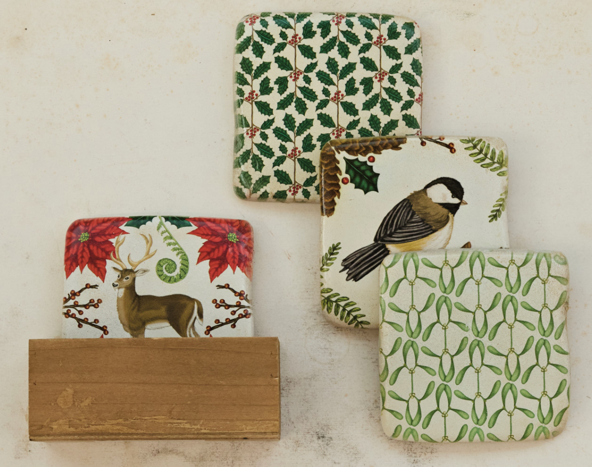 Wood Boxed Coasters with Seasonal Botanicals/Animals