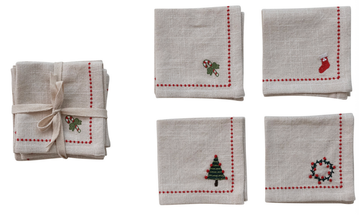 Set of Four Embroidered Cocktail Napkins
