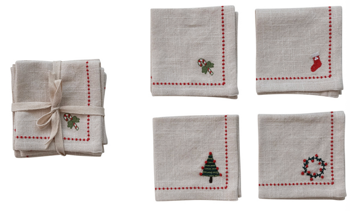 Set of Four Embroidered Cocktail Napkins