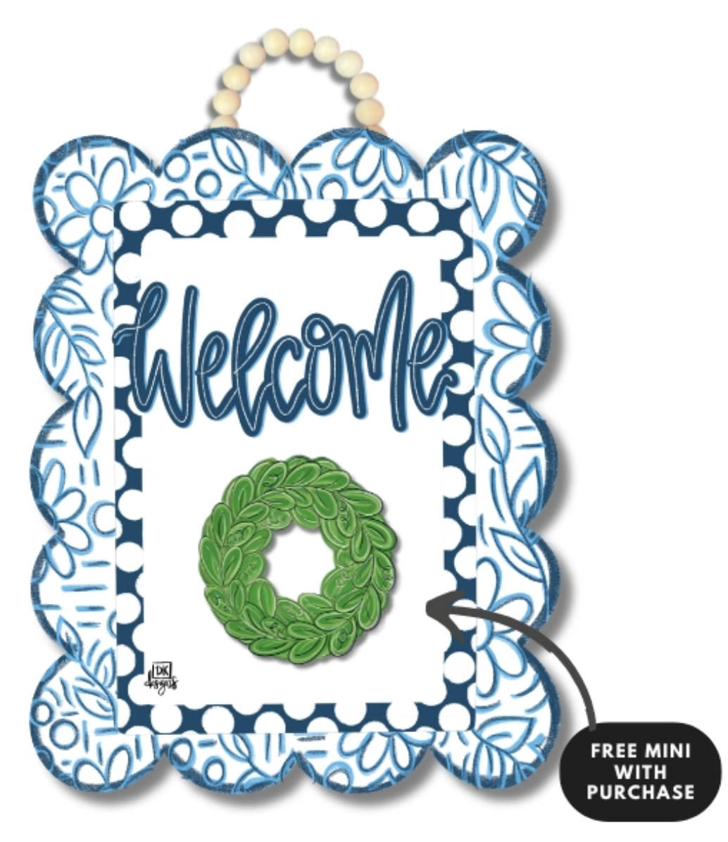 Blue and White Scallop Welcome Hanger + Mini