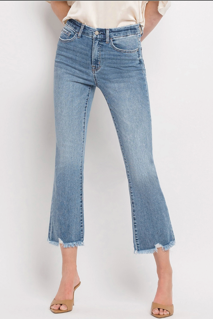 High Rise Frayed Hem Crop Flare Jean
