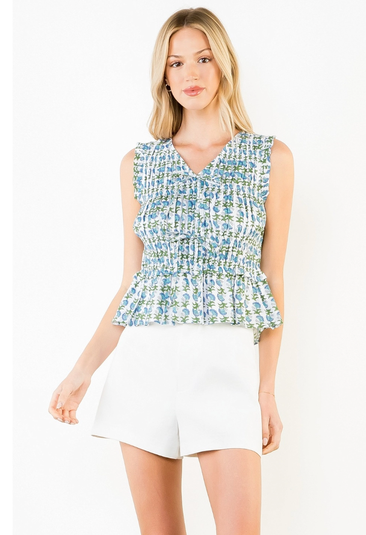 Sleeveless Smocked Floral Ruffle Top