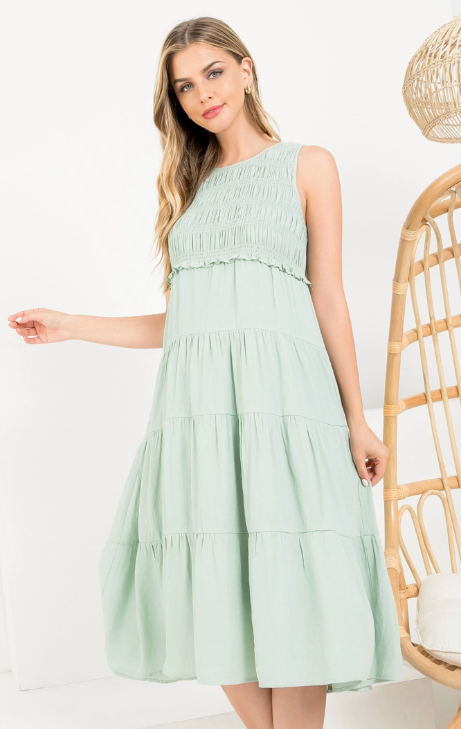 Sage Smocked Midi Dress