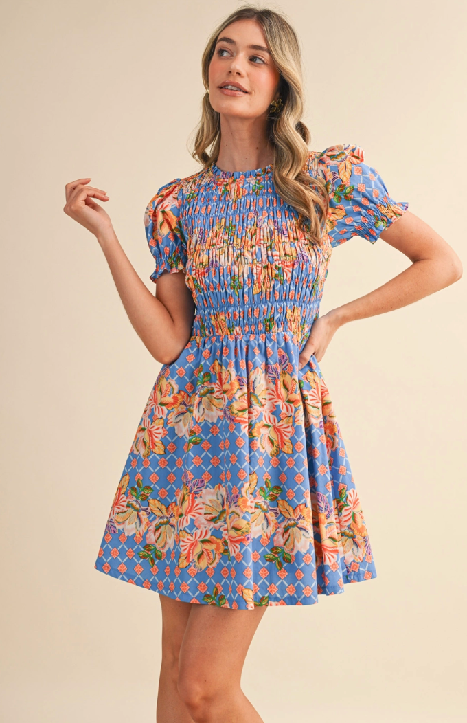Floral Print Smocked Bodice Mini Dress