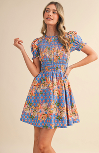 Floral Print Smocked Bodice Mini Dress